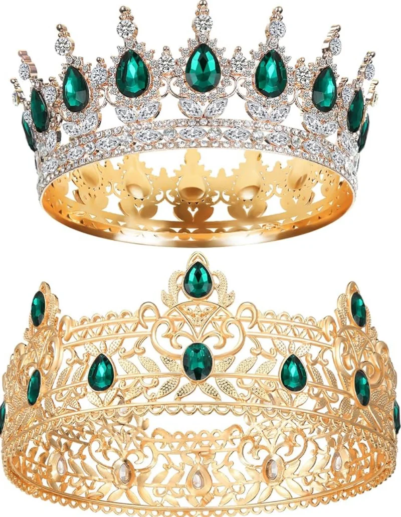 2 Pcs Prom King and Queen Crowns for Men Women King Queen Crowns Tiara with Rhinestone for Wedding Birthday Grad(Green Gold, Green Style)