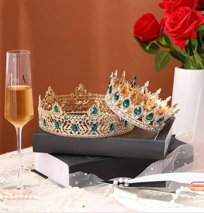 2 Pcs Prom King and Queen Crowns for Men Women King Queen Crowns Tiara with Rhinestone for Wedding Birthday Grad(Green Gold, Green Style)