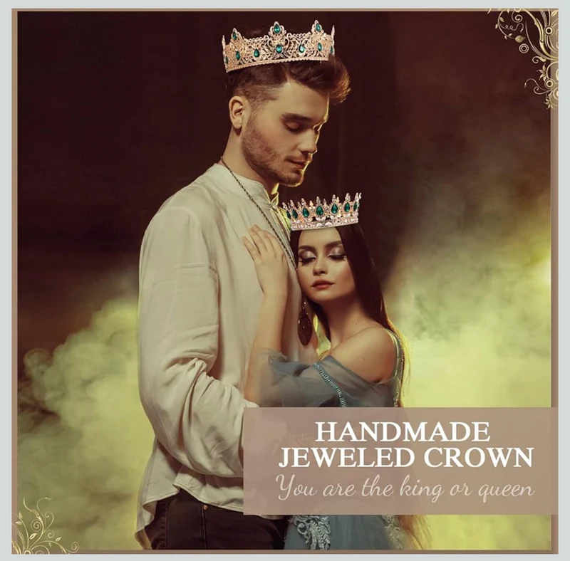 2 Pcs Prom King and Queen Crowns for Men Women King Queen Crowns Tiara with Rhinestone for Wedding Birthday Grad(Green Gold, Green Style)