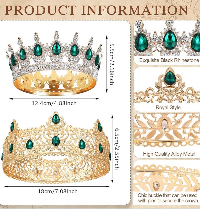 2 Pcs Prom King and Queen Crowns for Men Women King Queen Crowns Tiara with Rhinestone for Wedding Birthday Grad(Green Gold, Green Style)
