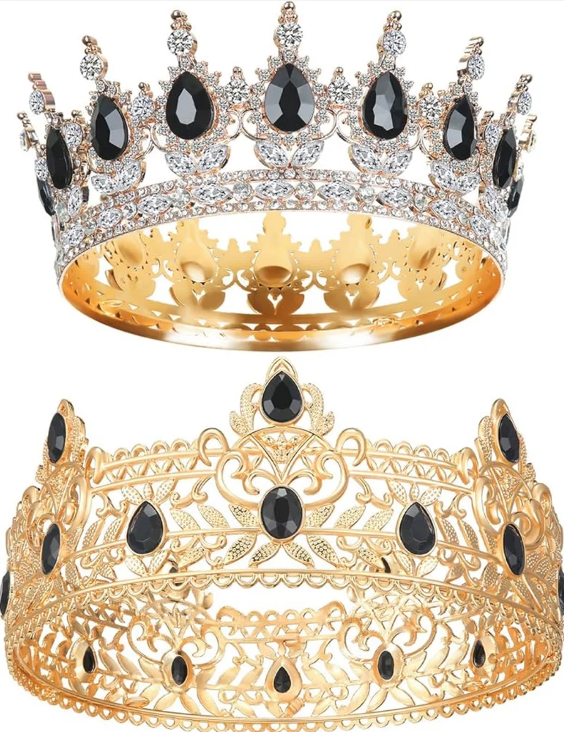 2 Pcs Prom King and Queen Crowns for Men Women King Queen Crowns Tiara with Rhinestone for Wedding Birthday Grad(Black Gold, Black Style)