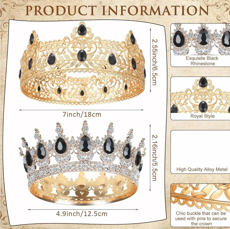 2 Pcs Prom King and Queen Crowns for Men Women King Queen Crowns Tiara with Rhinestone for Wedding Birthday Grad(Black Gold, Black Style)