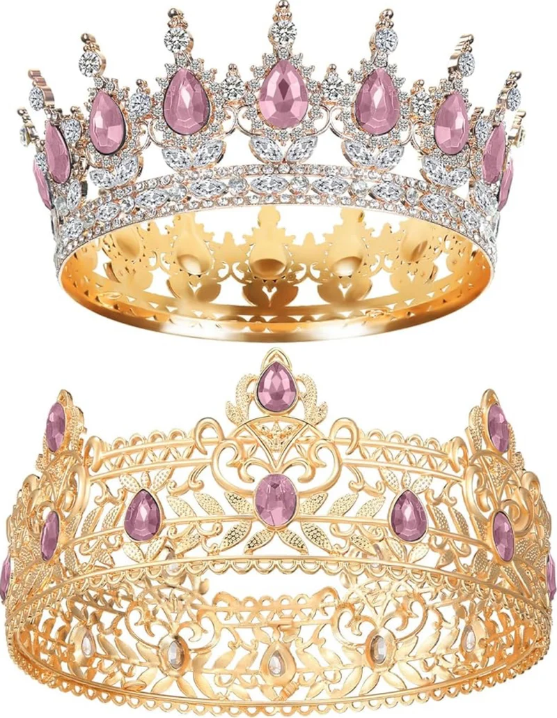 2 Pcs Prom King and Queen Crowns for Men Women King Queen Crowns Tiara with Rhinestone for Wedding Birthday Grad(Pink Gold, Pink Style)