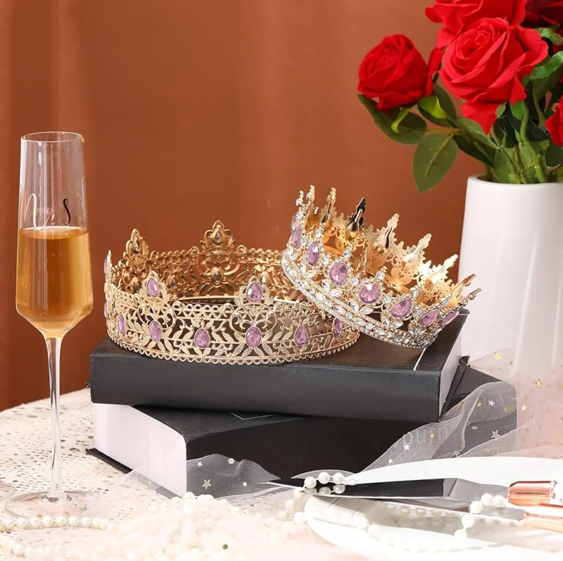 2 Pcs Prom King and Queen Crowns for Men Women King Queen Crowns Tiara with Rhinestone for Wedding Birthday Grad(Pink Gold, Pink Style)