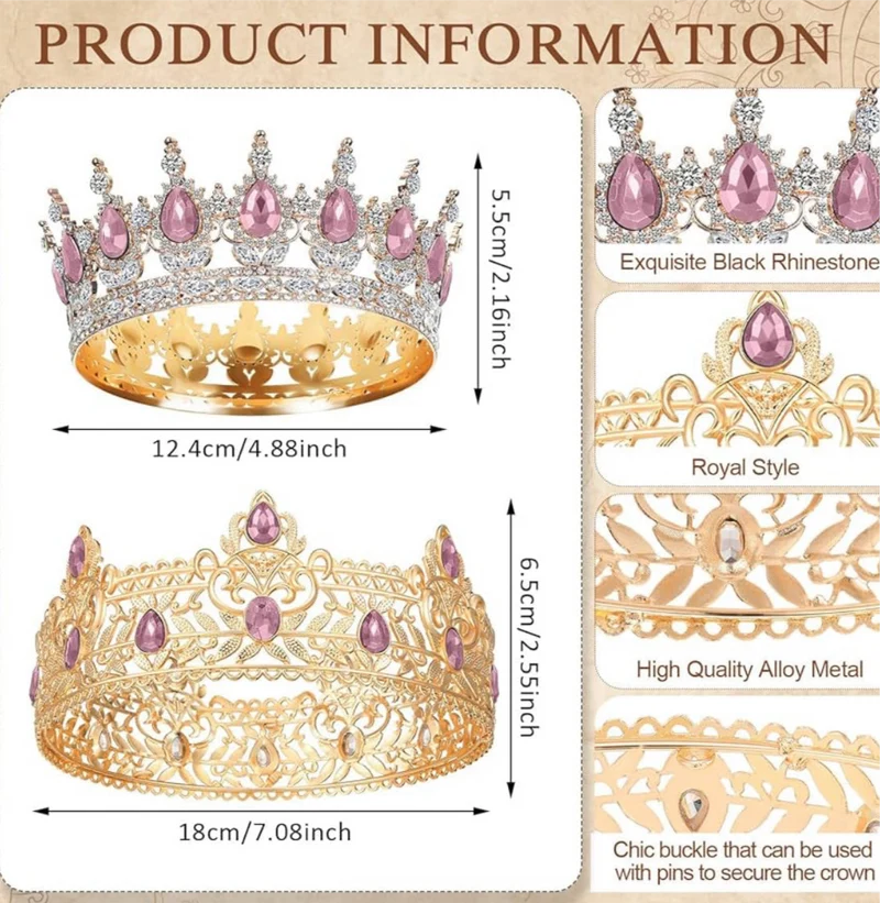 2 Pcs Prom King and Queen Crowns for Men Women King Queen Crowns Tiara with Rhinestone for Wedding Birthday Grad(Pink Gold, Pink Style)