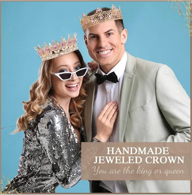 2 Pcs Prom King and Queen Crowns for Men Women King Queen Crowns Tiara with Rhinestone for Wedding Birthday Grad(Pink Gold, Pink Style)