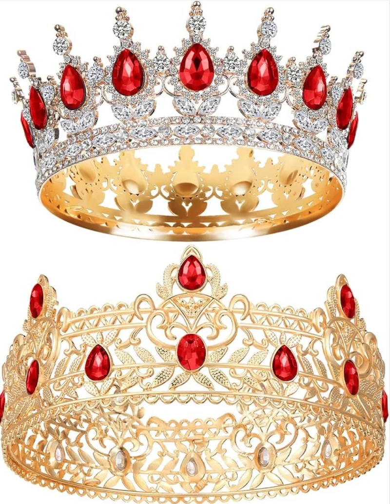 2 Pcs Prom King and Queen Crowns for Men Women King Queen Crowns Tiara with Rhinestone for Wedding Birthday Grad(Red Gold, Red Style)