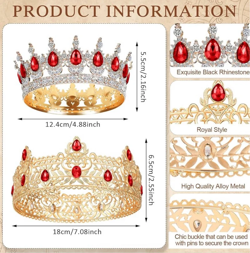 2 Pcs Prom King and Queen Crowns for Men Women King Queen Crowns Tiara with Rhinestone for Wedding Birthday Grad(Red Gold, Red Style)