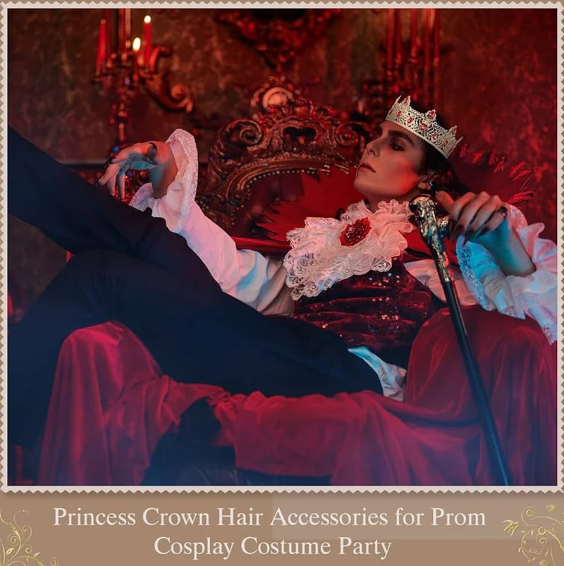 2 Pcs Prom King and Queen Crowns for Men Women King Queen Crowns Tiara with Rhinestone for Wedding Birthday Grad(Red Gold, Red Style)