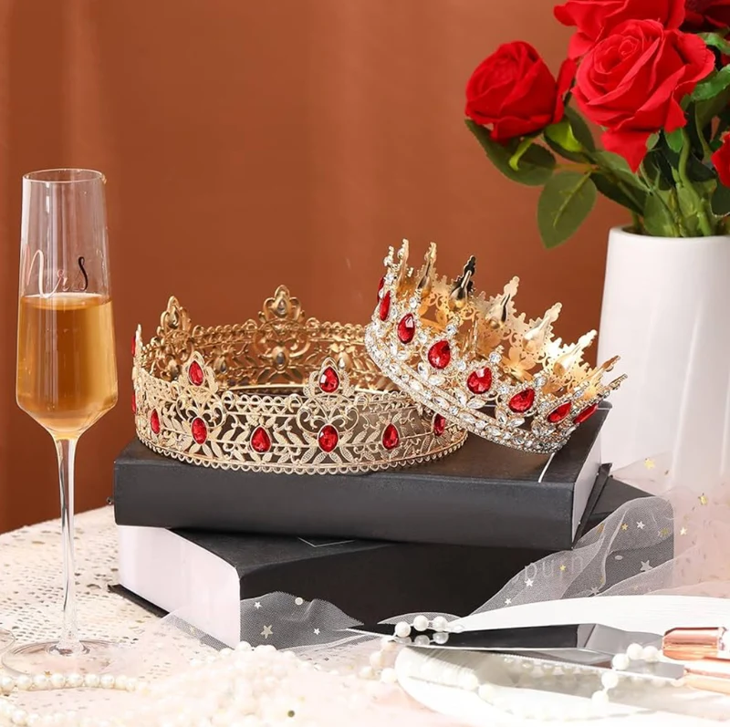 2 Pcs Prom King and Queen Crowns for Men Women King Queen Crowns Tiara with Rhinestone for Wedding Birthday Grad(Red Gold, Red Style)