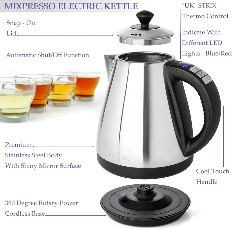 Mixpresso Electric Kettle Temperature Control, Hot Water Kettle Electric, Cordless 1 Liter Capacity, Keep Warm & LED Indicator, Auto-Shutoff, Boil-Dry Protection, Stainless Steel Electric Kettle