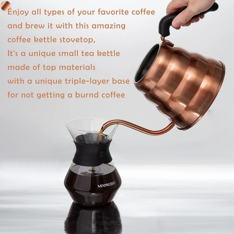 Mixpresso Gooseneck Pour Over Coffee Kettle, Barista Pour Control Design For Coffee & Tea High-Grade Stainless Steel 1.2 Liter (40 Oz) Drip Coffee Induction Cooker, Copper Stovetop Kettle