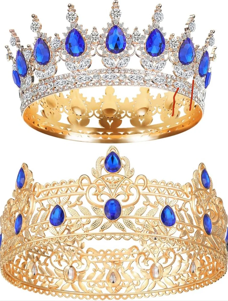 2 Pcs Prom King and Queen Crowns for Men Women King Queen Crowns Tiara with Rhinestone for Wedding Birthday Grad(Blue Gold, Blue Style)