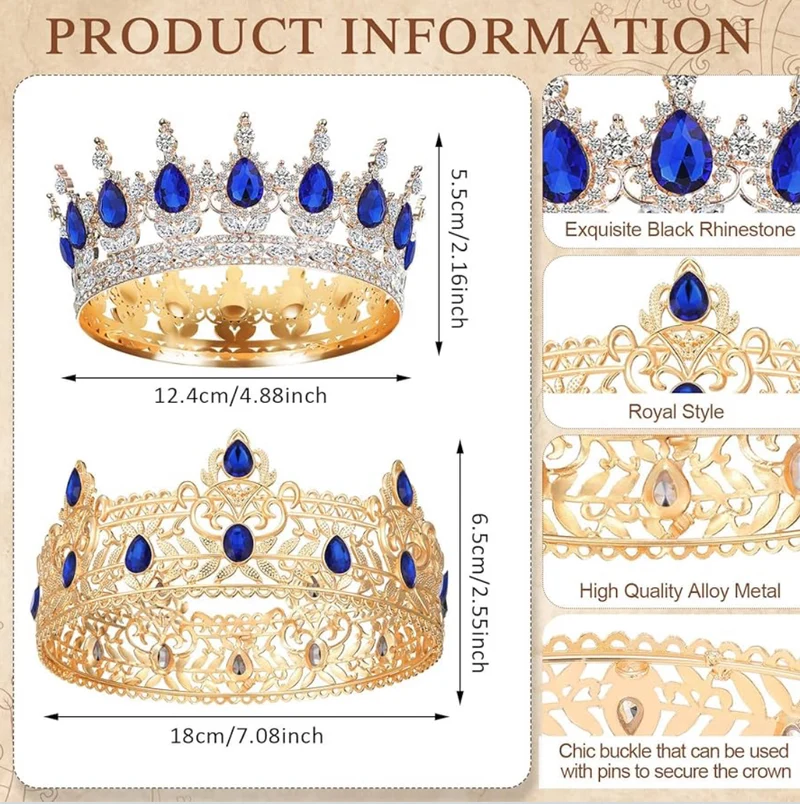 2 Pcs Prom King and Queen Crowns for Men Women King Queen Crowns Tiara with Rhinestone for Wedding Birthday Grad(Blue Gold, Blue Style)