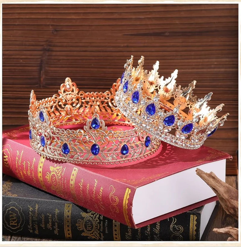 2 Pcs Prom King and Queen Crowns for Men Women King Queen Crowns Tiara with Rhinestone for Wedding Birthday Grad(Blue Gold, Blue Style)
