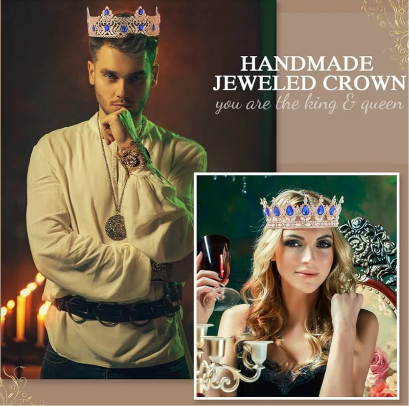 2 Pcs Prom King and Queen Crowns for Men Women King Queen Crowns Tiara with Rhinestone for Wedding Birthday Grad(Blue Gold, Blue Style)
