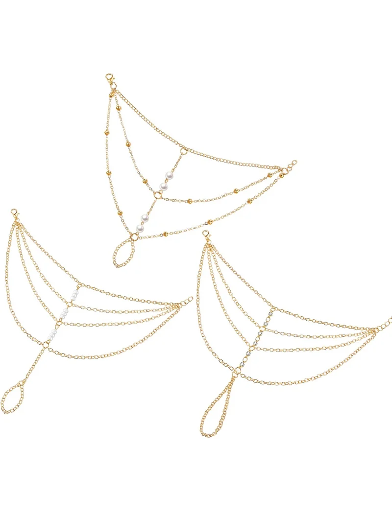 3 PCS Ring Bracelet Hand Chain Gold Layered Finger Ring Hand Chains Tassel Stackable Bracelets for Women Fashion Body Jewelry Adjustable Gifts for Her 3 Styles