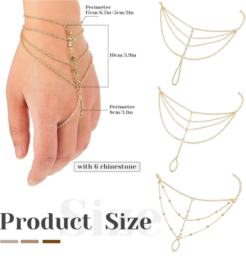 3 PCS Ring Bracelet Hand Chain Gold Layered Finger Ring Hand Chains Tassel Stackable Bracelets for Women Fashion Body Jewelry Adjustable Gifts for Her 3 Styles