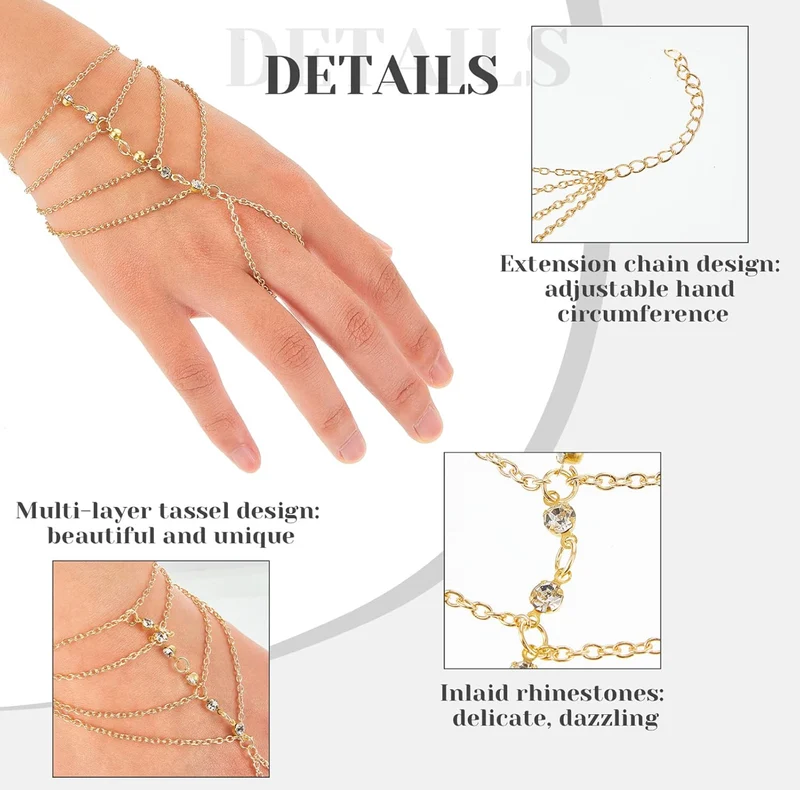 3 PCS Ring Bracelet Hand Chain Gold Layered Finger Ring Hand Chains Tassel Stackable Bracelets for Women Fashion Body Jewelry Adjustable Gifts for Her 3 Styles