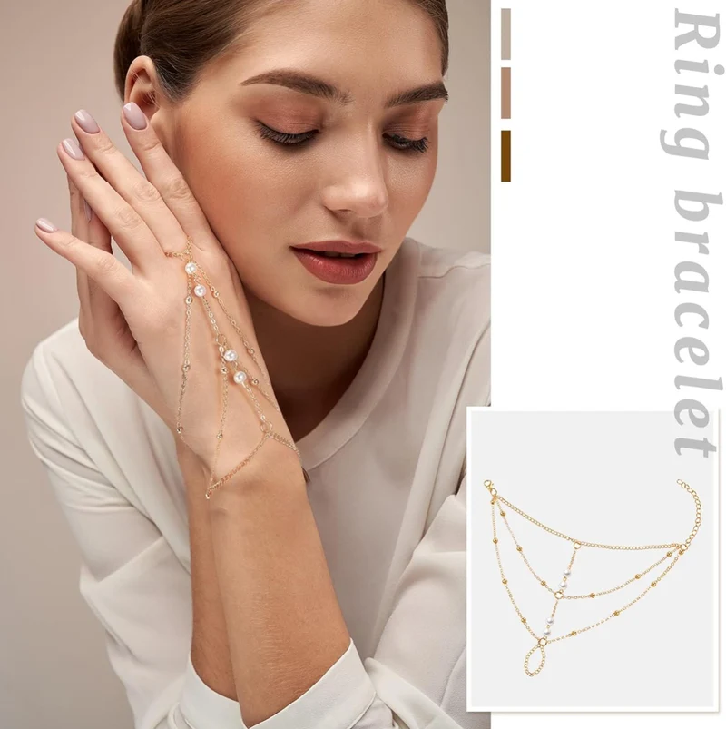 3 PCS Ring Bracelet Hand Chain Gold Layered Finger Ring Hand Chains Tassel Stackable Bracelets for Women Fashion Body Jewelry Adjustable Gifts for Her 3 Styles