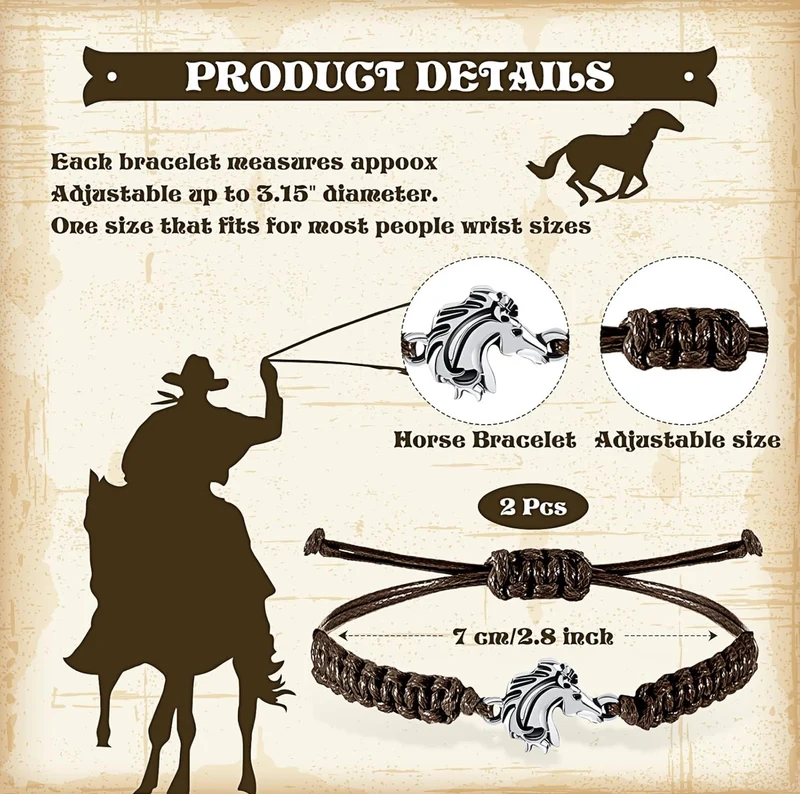 2 Pcs Horse Lovers Equestrian Jewelry Adjustable Hose Charm Bracelets for Teens Girls Boys