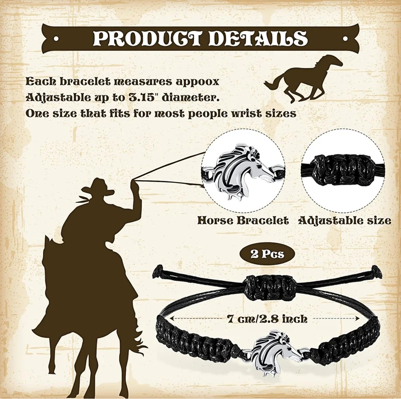 2 Pcs Horse Lovers Equestrian Jewelry Adjustable Hose Charm Bracelets for Teens Girls Boys