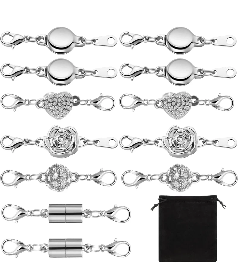 12 Pcs Necklace Magnetic Clasps and Closures Lobster Clasps Silver Magnetic Jewelry Clasps Locking Necklace Extender Round Rhinestone Ball Magnetic Clasps for Bracelets Making Multiple Styles