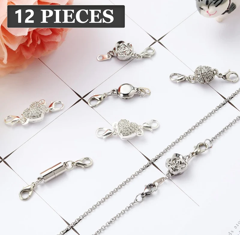 12 Pcs Necklace Magnetic Clasps and Closures Lobster Clasps Silver Magnetic Jewelry Clasps Locking Necklace Extender Round Rhinestone Ball Magnetic Clasps for Bracelets Making Multiple Styles