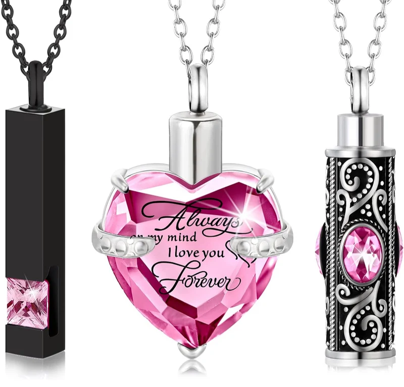 Elegant Cremation Urn Necklace Vertical Bar Zircon Heart Crystal Stainless Steel Memorial Pendant