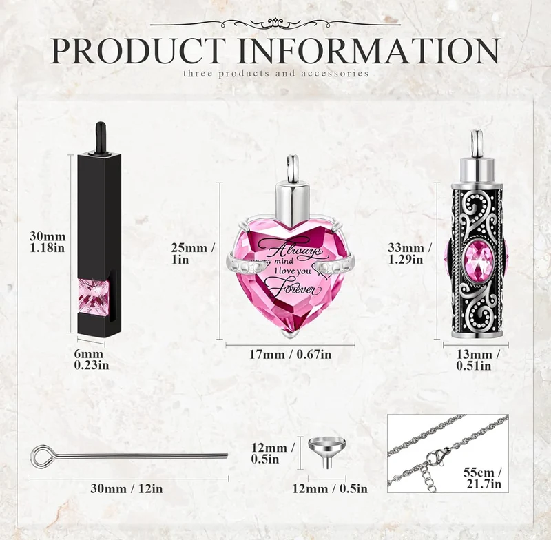 Elegant Cremation Urn Necklace Vertical Bar Zircon Heart Crystal Stainless Steel Memorial Pendant