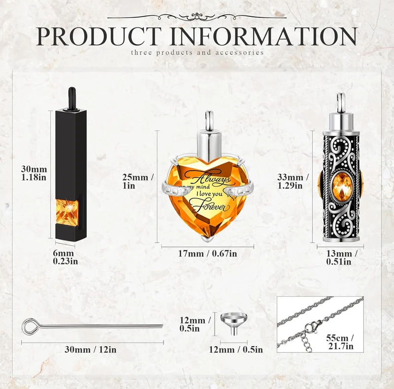 Elegant Cremation Urn Necklace Vertical Bar Zircon Heart Crystal Stainless Steel Memorial Pendant