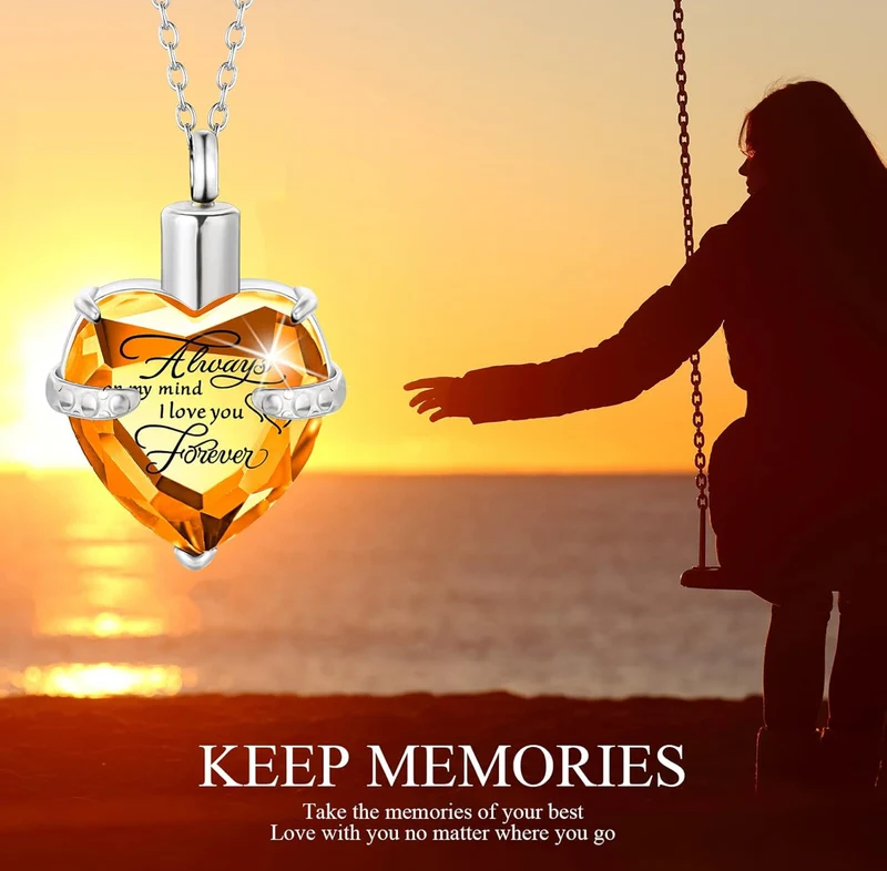 Elegant Cremation Urn Necklace Vertical Bar Zircon Heart Crystal Stainless Steel Memorial Pendant