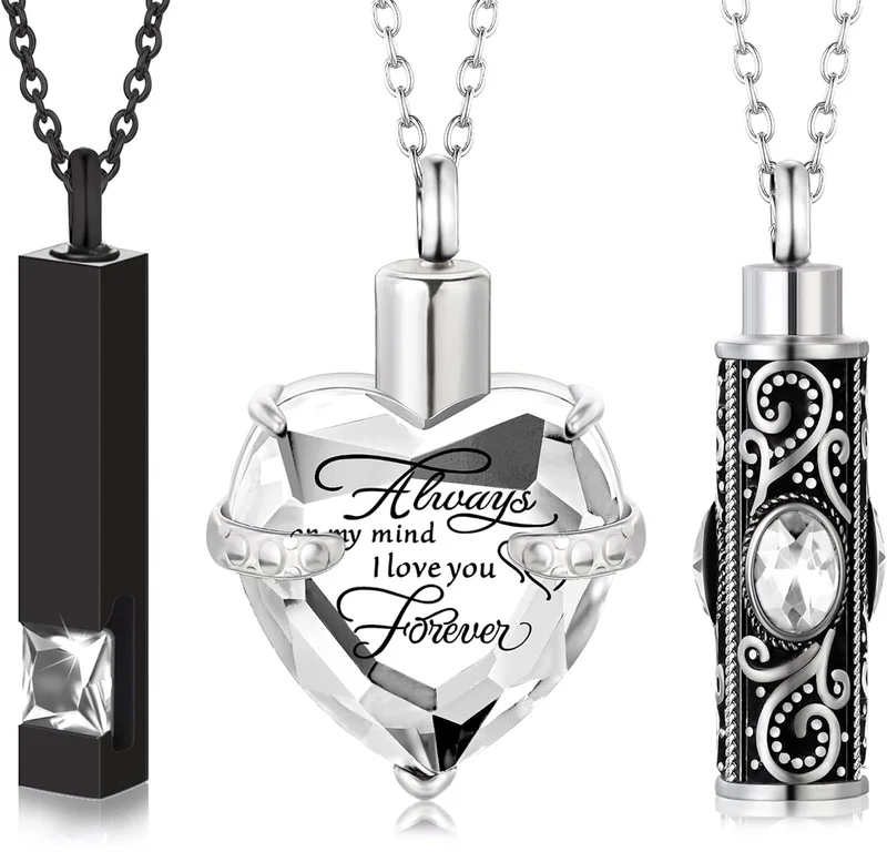 Elegant Cremation Urn Necklace Vertical Bar Zircon Heart Crystal Stainless Steel Memorial Pendant