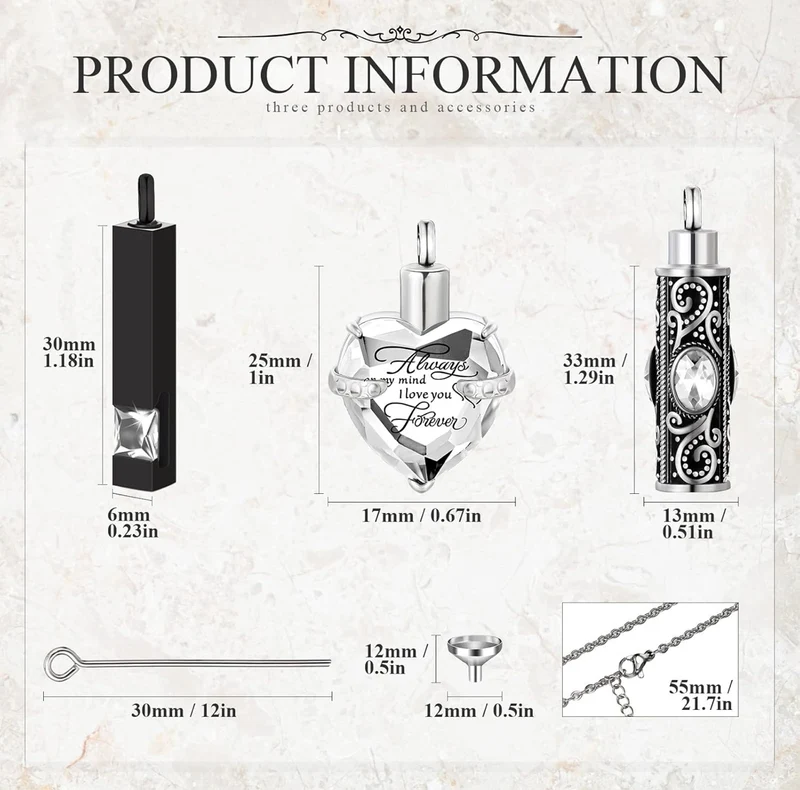 Elegant Cremation Urn Necklace Vertical Bar Zircon Heart Crystal Stainless Steel Memorial Pendant