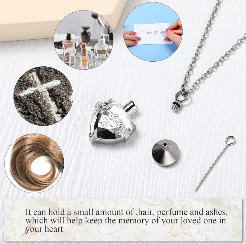Elegant Cremation Urn Necklace Vertical Bar Zircon Heart Crystal Stainless Steel Memorial Pendant