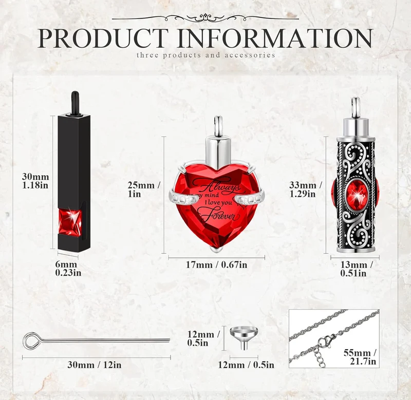 Elegant Cremation Urn Necklace Vertical Bar Zircon Heart Crystal Stainless Steel Memorial Pendant