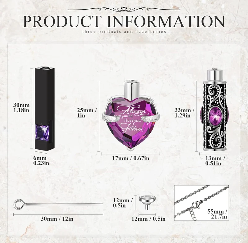 Elegant Cremation Urn Necklace Vertical Bar Zircon Heart Crystal Stainless Steel Memorial Pendant