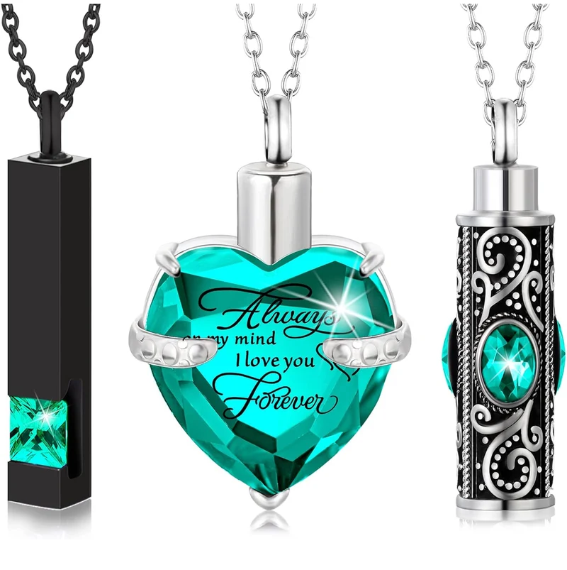 Elegant Cremation Urn Necklace Vertical Bar Zircon Heart Crystal Stainless Steel Memorial Pendant