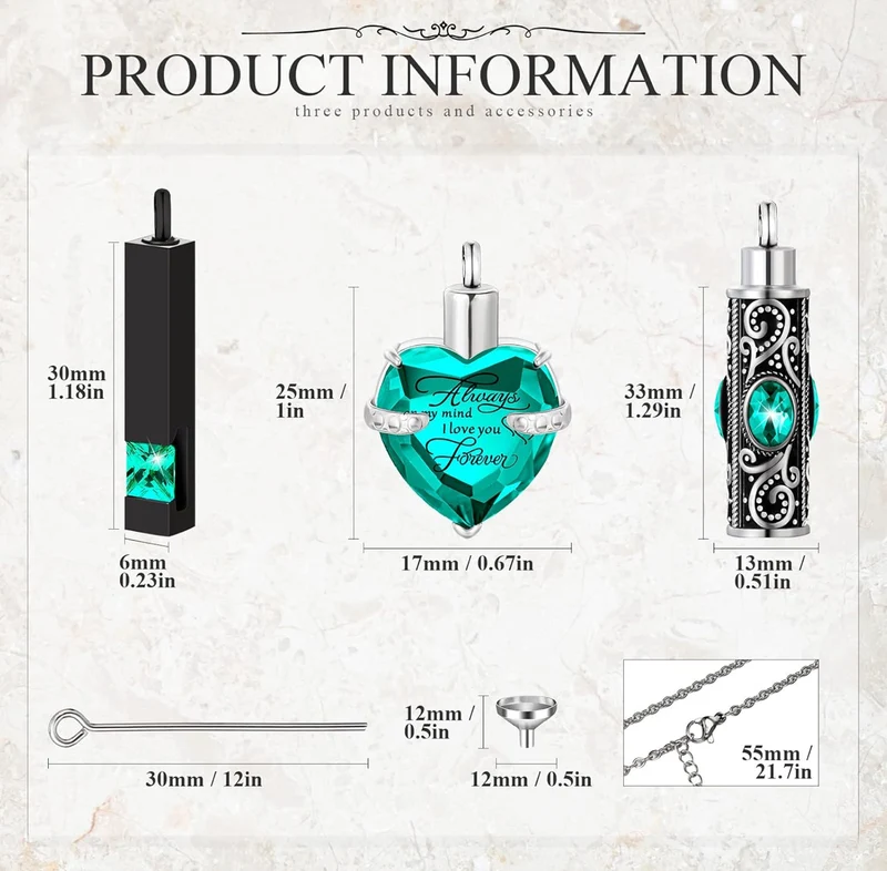 Elegant Cremation Urn Necklace Vertical Bar Zircon Heart Crystal Stainless Steel Memorial Pendant