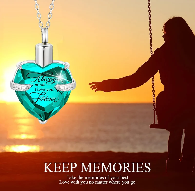 Elegant Cremation Urn Necklace Vertical Bar Zircon Heart Crystal Stainless Steel Memorial Pendant