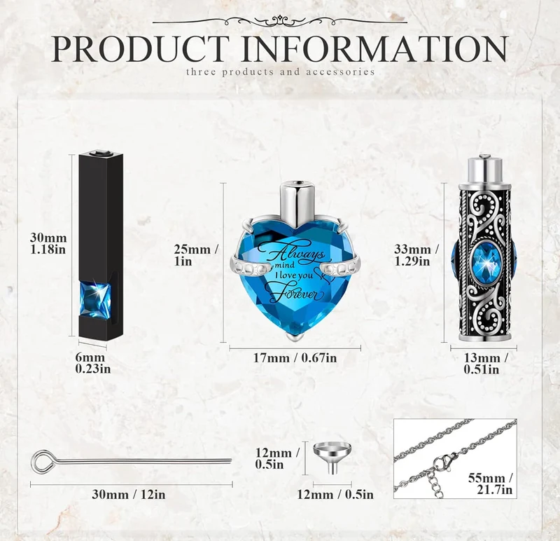 Elegant Cremation Urn Necklace Vertical Bar Zircon Heart Crystal Stainless Steel Memorial Pendant