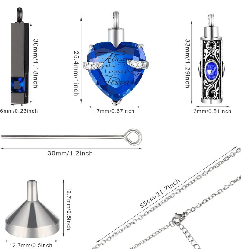 Elegant Cremation Urn Necklace Vertical Bar Zircon Heart Crystal Stainless Steel Memorial Pendant
