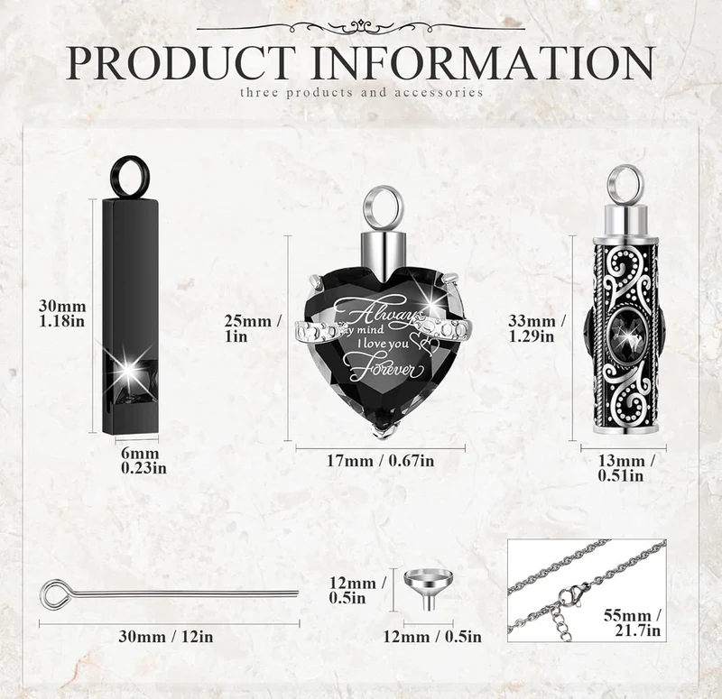 Elegant Cremation Urn Necklace Vertical Bar Zircon Heart Crystal Stainless Steel Memorial Pendant