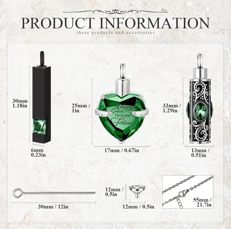 Elegant Cremation Urn Necklace Vertical Bar Zircon Heart Crystal Stainless Steel Memorial Pendant