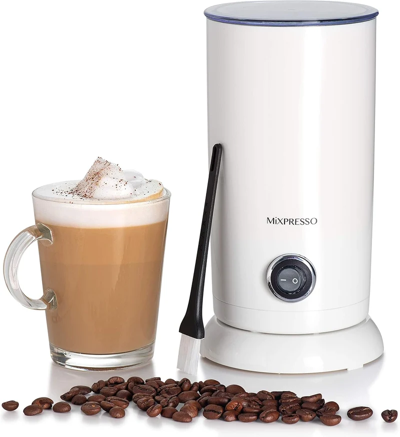 Mixpresso Electric Milk Frother, Stainless Steel Milk Steamer & Milk Warmer, Automatic Shutoff, Non-Stick Interior, Cool Touch, 9.4 oz/6.0oz Capacity, White Electric Frother