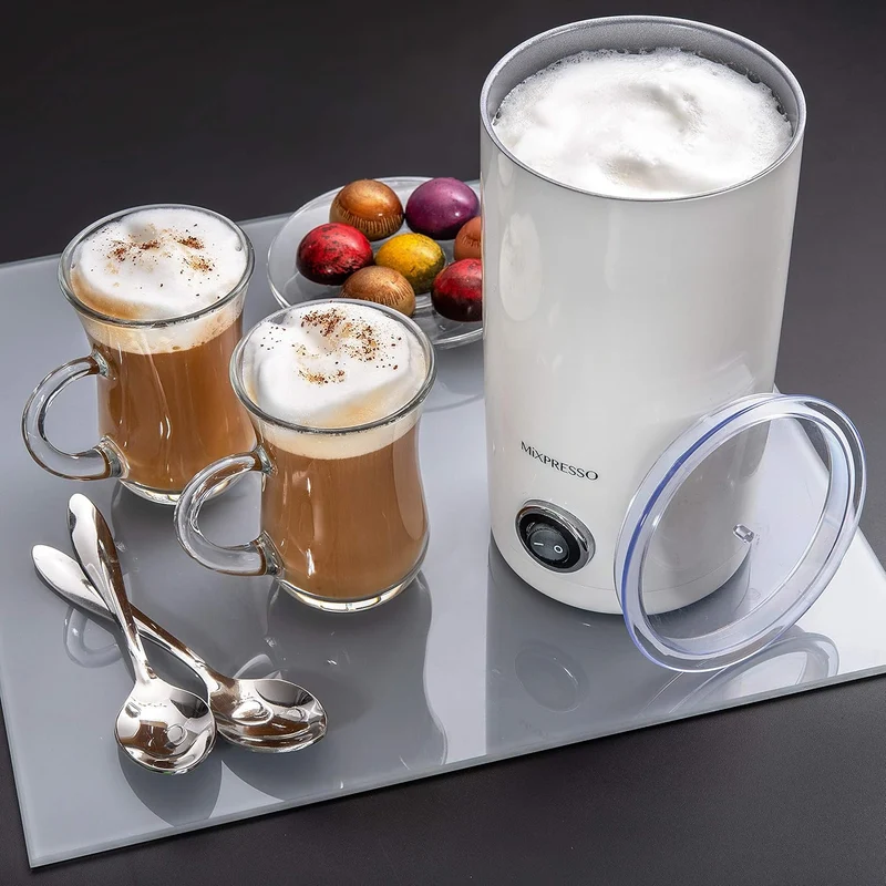 Mixpresso Electric Milk Frother, Stainless Steel Milk Steamer & Milk Warmer, Automatic Shutoff, Non-Stick Interior, Cool Touch, 9.4 oz/6.0oz Capacity, White Electric Frother