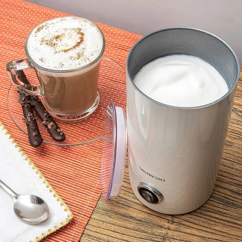 Mixpresso Electric Milk Frother, Stainless Steel Milk Steamer & Milk Warmer, Automatic Shutoff, Non-Stick Interior, Cool Touch, 9.4 oz/6.0oz Capacity, White Electric Frother