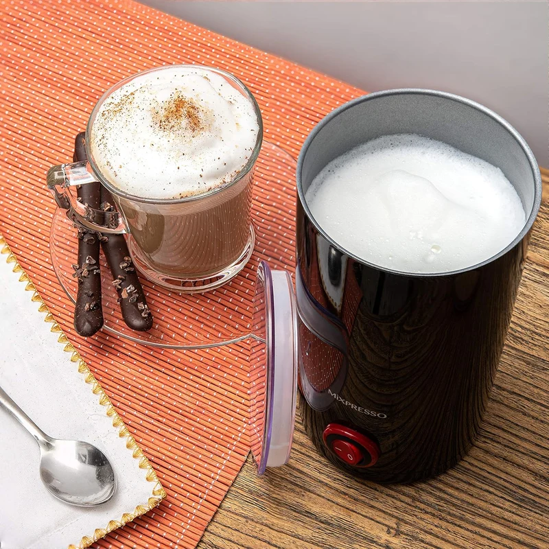 Mixpresso Electric Milk Frother, Stainless Steel Milk Steamer & Milk Warmer, Automatic Shutoff, Non-Stick Interior, Cool Touch, 9.4 oz/6.0oz Capacity, Black Electric Frother for Hot Chocolate