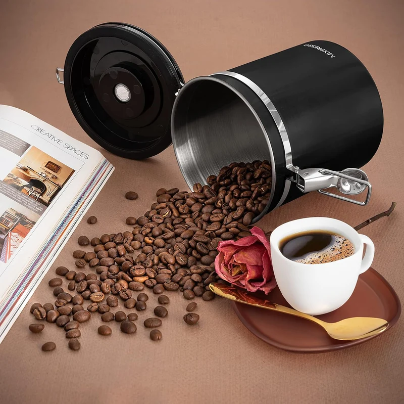 Mixpresso 16 Oz Black Coffee Canister, Stainless Steel Airtight Coffee Container, Air tight Jar Tea Storage with Date Tracker, Vacuum Sealed Espresso Airtight Canister, Sugar Container for Home