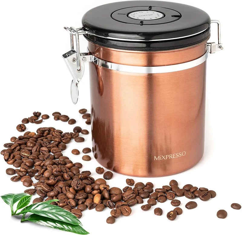 Mixpresso 16 Oz Copper Coffee Canister, Stainless Steel Airtight Coffee Container, Ground and Bean Storage with Date Tracker, Vacuum Sealed Espresso Airtight Container, Sugar Container